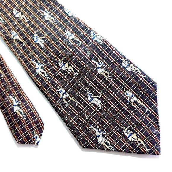 Tommy Hilfiger Green Red Tan‎ Tennis Print Short Wide Silk Tie - Picture 1 of 7